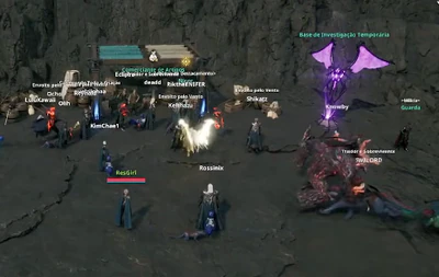 Aion 2 gameplay screenshot of players gathered at a camp with merchants and NPCs